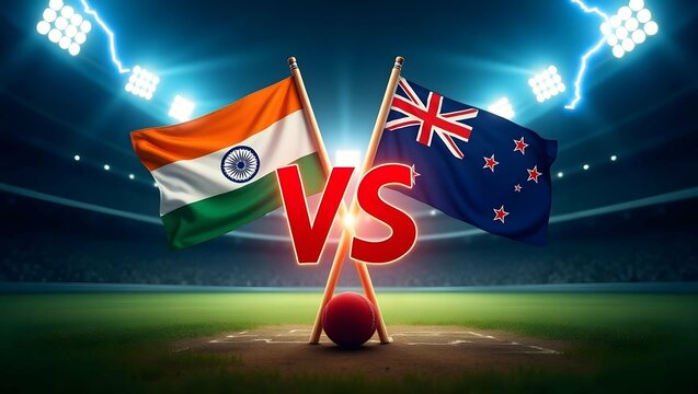 India vs New Zealand Cricket Match &ndash; Stadium Battle with National Flags