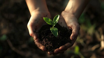  Hands nurturing seedling in soil, celebrating Earth Day, promoting nature conservation and environmental awareness.
