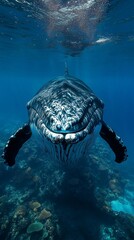 A close-up front view of a whale in the ocean