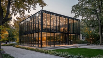 Modern Glass Pavilion in Lush Green Setting