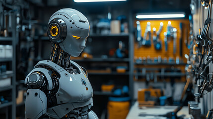 Fototapeta premium Futuristic Industrial Robotics Workshop: Exploring Cybernetic Innovation and Artificial Intelligence in a Modern Factory Environment