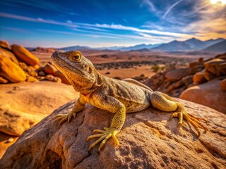 Fototapeta premium Aerial View of a Reptilian Sunbather: Desert Lizard Relaxing on Rock