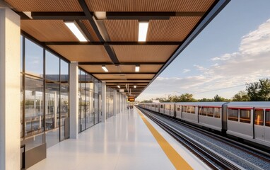 Fototapeta premium A modern train station platform featuring sleek architecture, large glass windows, and a train waiting on the tracks under a bright sky.
