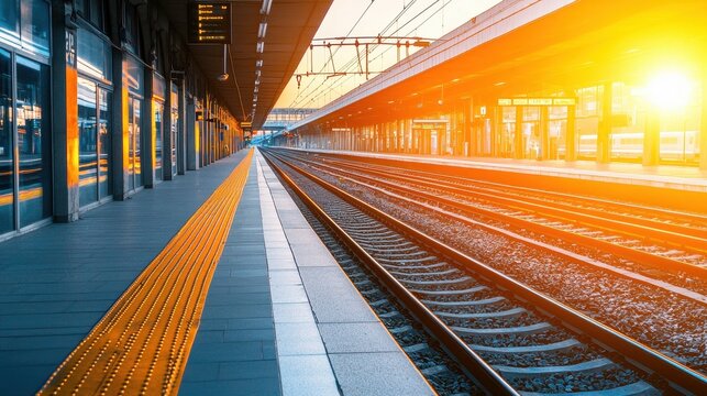 A serene train station platform at sunrise, featuring empty tracks and warm sunlight illuminating the scene, creating a tranquil atmosphere.