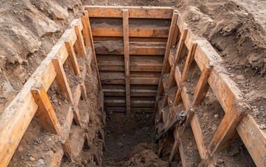 Obraz premium A deep excavation site reinforced with wooden supports, showcasing construction work and safety measures in earthworks.