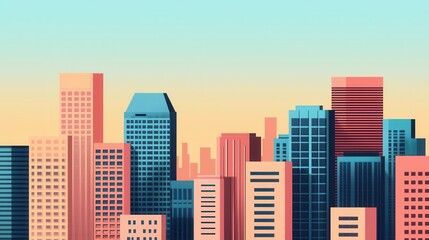 Fototapeta premium A vibrant city skyline featuring a variety of modern buildings in pastel colors against a gradient sky.