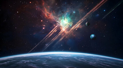 Vibrant Cosmic View with Planet and Nebula Against Dark Background with Glowing Stars and Light Streaks