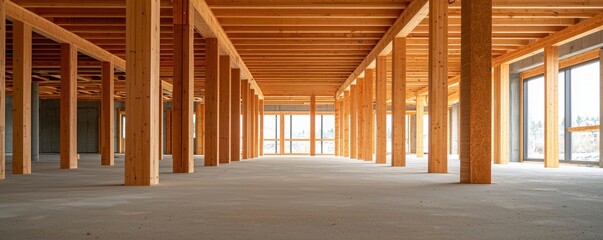 Naklejka premium A spacious interior with wooden beams and columns, featuring large windows that allow natural light to illuminate the space.