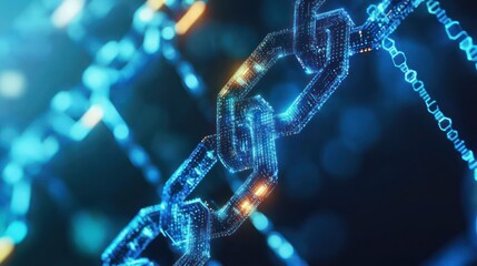 Abstract composition of blockchain technology with interconnected digital blocks and cryptocurrency symbols, dynamic and sharp focus 