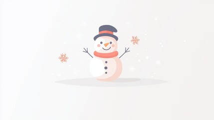 A friendly snowman with snowflakes falling around on the snow