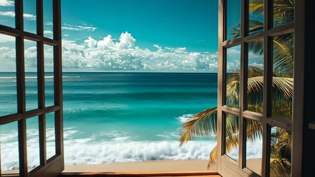 Serene tropical beach view through open window with palm trees and turquoise sea
