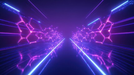 Abstract futuristic background with a glowing neon chemical structure of molecules on a blue-purple gradient backdrop, 3D rendering illustration. 