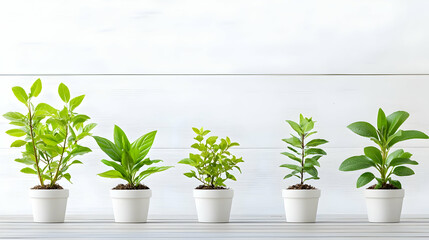 Fototapeta premium Five Potted Green Plants In White Pots On White Wooden Surface Indoor Lighting