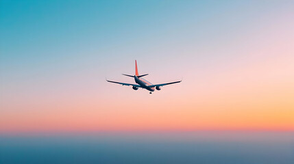 Obraz premium Airplane Flying Across A Beautiful Sunset Sky With Orange And Blue Tones In Atmospheric Perspective