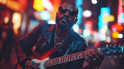 Naklejka premium Urban Street Musician Playing Guitar at Night