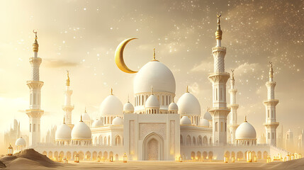 Obraz premium Celestial Mosque: A stunning architectural marvel of domes and minarets, illuminated by soft light. A crescent moon adds an ethereal touch to the scene.