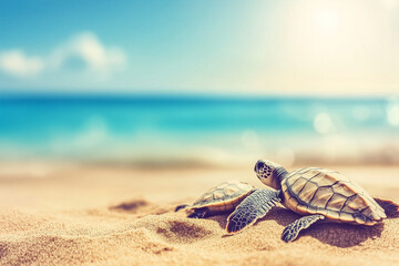 Newborn Loggerhead Sea Turtle Crawling on Sand Towards Ocean with Gentle Waves in Background