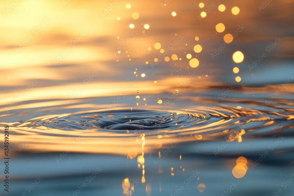 Poster water droplets create ripples at sunset, showcasing vibrant colors and sparkling reflections on the 