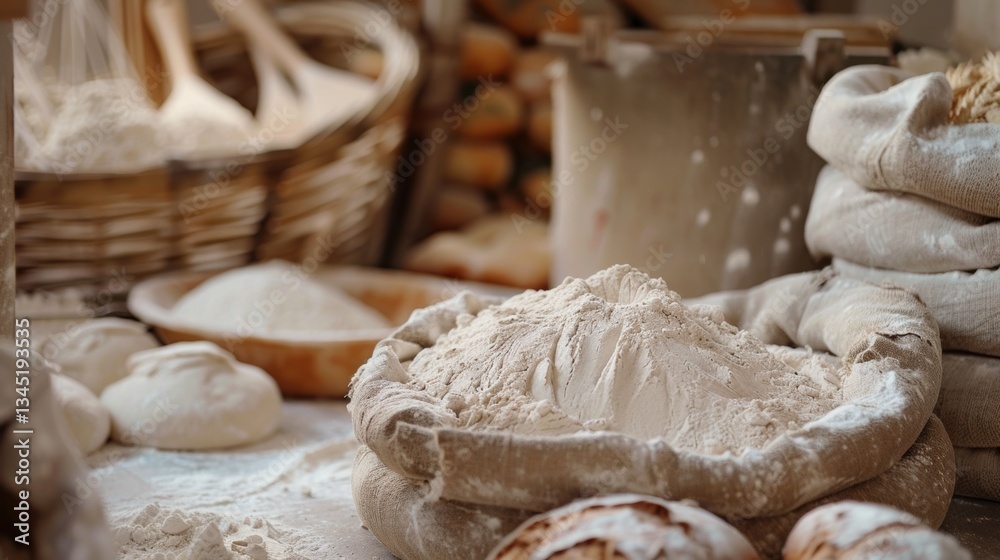 Poster Experience the art of bread making with flour sacks and fresh dough in a rustic baking environment Generative AI