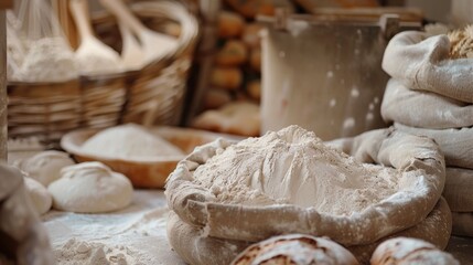 Fototapeta premium Experience the art of bread making with flour sacks and fresh dough in a rustic baking environment Generative AI