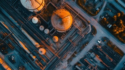 Aerial View of an Industrial Refinery at Sunset