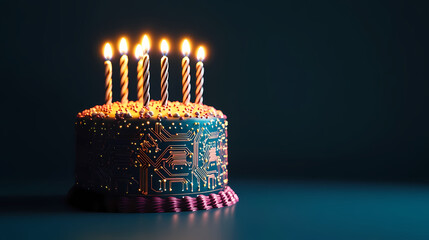 Tech Birthday Cake: A unique birthday cake with circuit board design and candles lit, symbolizing a celebration in technology and innovation, lit candles on top on dark background. 