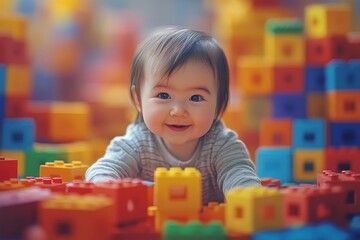 Happy baby playing in colorful foam blocks at home during afternoon