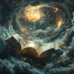 Cosmic journey through a book space digital art surreal environment aerial view imagination