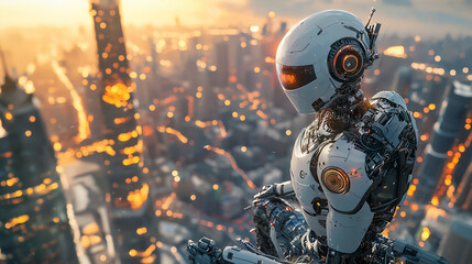 Futuristic Cityscape at Sunset: Urban Jungle with Android Silhouettes and Neon Lights