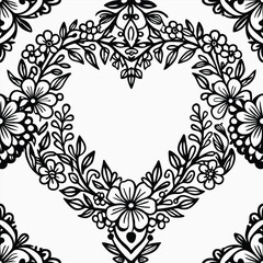 Hand Drawn Black Line Rustic Floral Heart Border