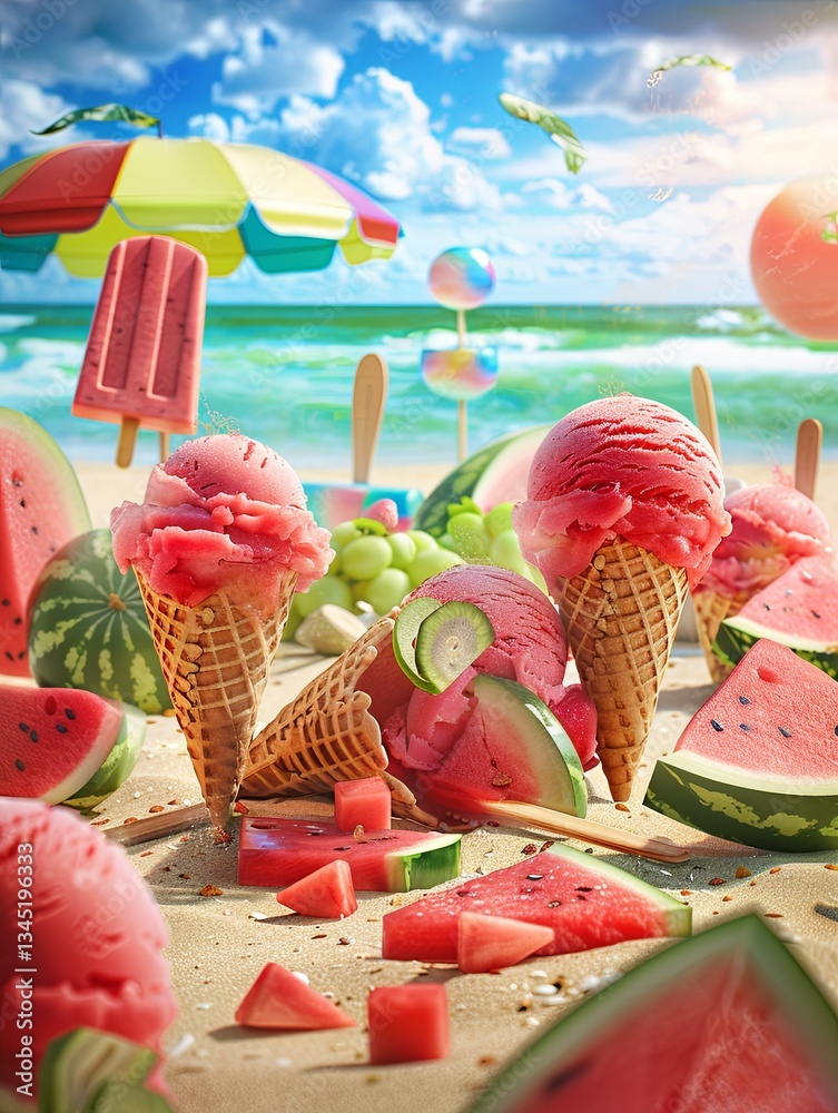 Aufkleber colorful watermelon ice cream and popsicles create a joyful summer treat on a sunny beach with playf