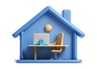 Fototapeta premium Workspace: A digital illustration of a cozy home office environment, showcasing a desk setup with a computer, chair, and home icon, perfect for remote work and creative pursuits.