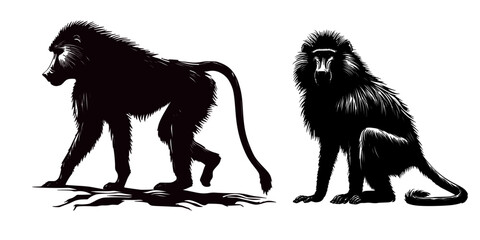 Silhouettes of African Wildlife: Lion, Baboon, and Monkey