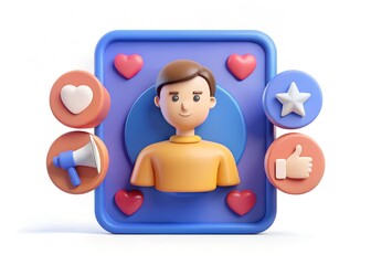 Digital Profile with Social Engagement: A vibrant and modern 3D illustration depicting a digital profile surrounded by engaging social media icons, symbolizing online presence and interaction.