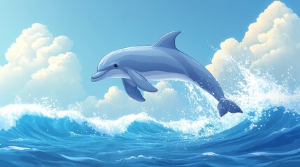 Obraz premium Playful Dolphin leaps in sea: A joyful illustration of a dolphin leaping out of the ocean, capturing the dolphin's sleek form and the dynamic energy of the waves, sky with puffy clouds.
