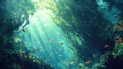 Obraz premium Vibrant Underwater Scene with Sunlight Filtering Through Lush Marine Vegetation and Colorful Tropical Fish Swimming