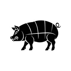 Minimalist black-and-white vector illustration of a pig in side view