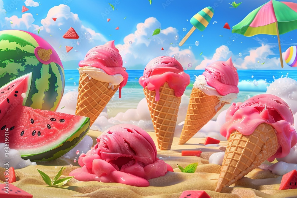 Aufkleber colorful watermelon flavored ice cream cones and popsicles in a sunny beach setting with playful out