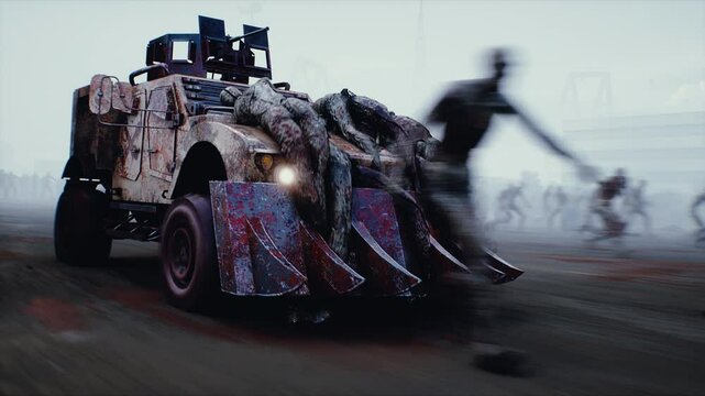 zombie car drives and hits zombies. Apocalyptic concept.