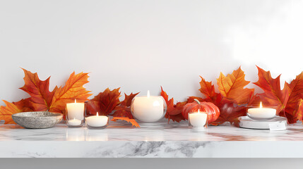 Autumnal Ambiance: A warm and inviting display of fall decorations, including vibrant orange and red leaves, glowing candles, and a miniature pumpkin, evoking the cozy spirit of the season.
