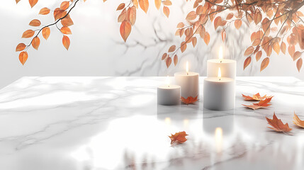 Autumn Ambiance: A tranquil scene of burning candles and autumnal foliage creates a cozy, inviting atmosphere.