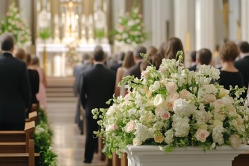 Catholic funeral service in a church with floral arrangements and mourners