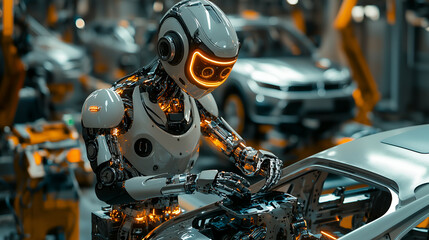 Fototapeta premium Futuristic Robotics in Automotive Manufacturing: Innovation in Human-Robot Integration on the Assembly Line