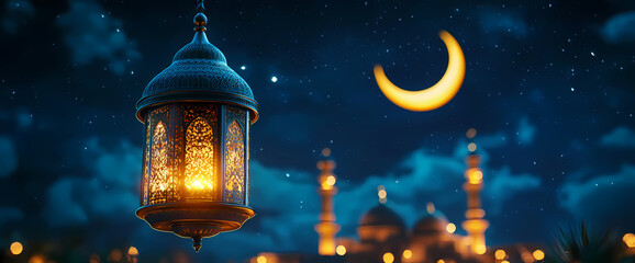 Illuminated Lantern: A captivating scene featuring a glowing lantern hanging against a night sky backdrop, with a crescent moon and silhouettes of a mosque