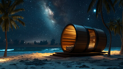 Fototapeta premium Coastal Getaway Under the Stars: A barrel-shaped cabin sits serenely on a sandy beach, illuminated by the warm glow of interior light and framed by swaying palm trees under a stunning night sky