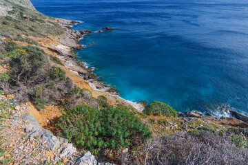 Hiking path at beautiful landscape of mediterranean coastline at cape Maleas, Laconia, Peloponnese, Greece