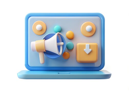 Digital Marketing Campaign: A vibrant digital illustration showcasing a laptop with integrated elements symbolizing marketing, advertising, and online promotion. Featuring a megaphone, download.