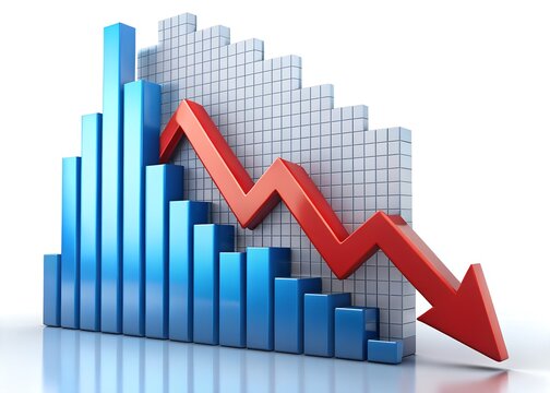 Financial Downturn: A 3D graphic depicts a stark representation of economic decline, with a downward-pointing red arrow overlaid on a series of blue ascending bars.