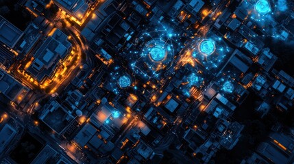 Futuristic city aerial view at night, interconnected structures, illuminated network, possible use for technology background