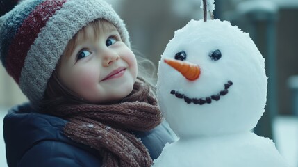 A cheerful child in winter attire smiles beside a snowman with a carrot nose in a snowy outdoor setting
